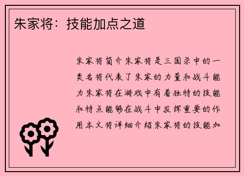 朱家将:技能加点之道